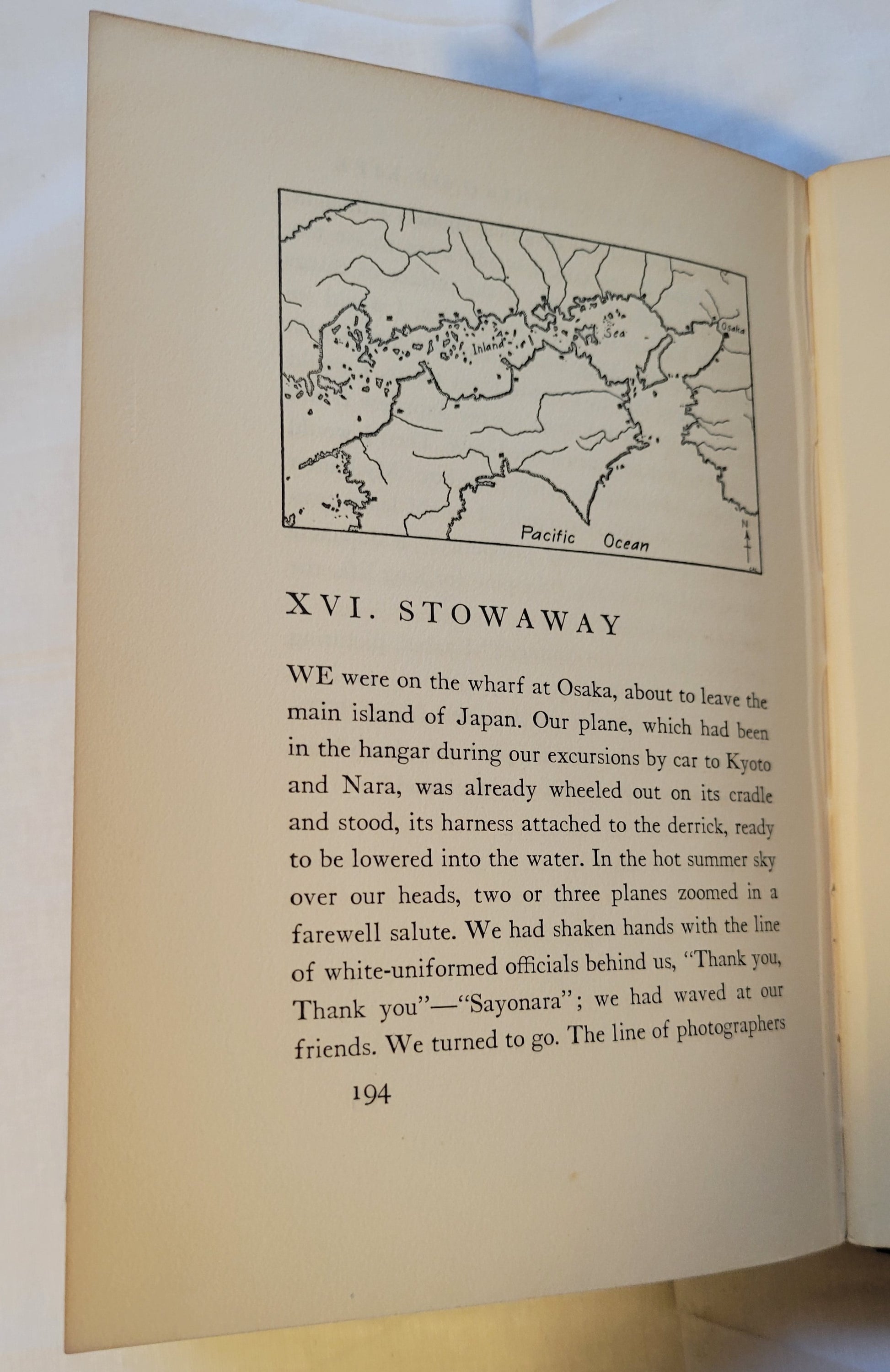 Vitnage book for sale, "North to the Orient" by Anne Morrow Lindbergh, with maps by Charles A. Lindbergh, published by Quinn & Boden Company, Inc. in 1935. View of page 194