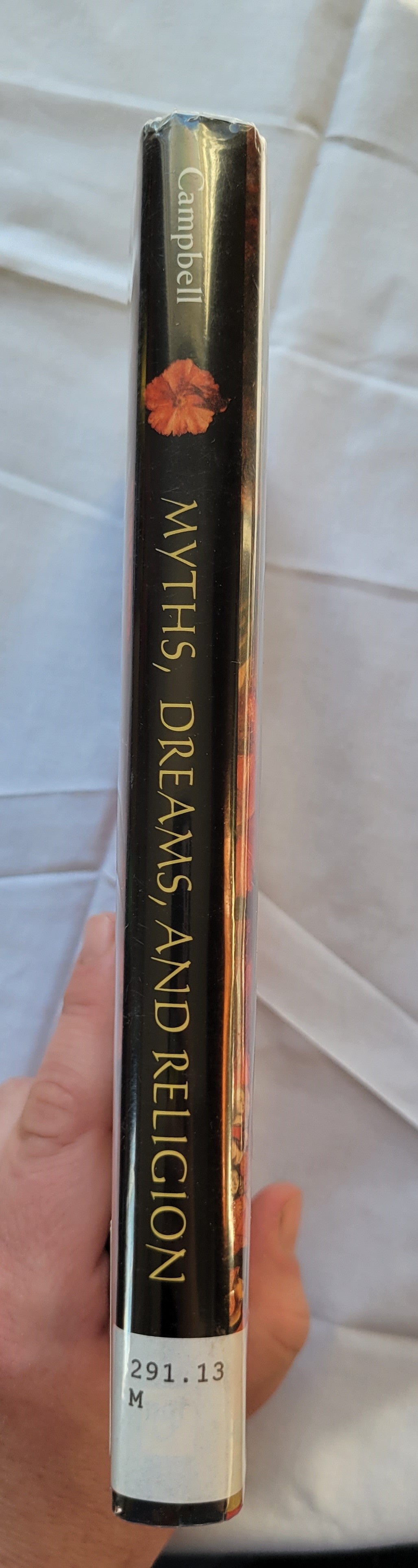 Used book for sale, "Myths, Dreams, and Religion" is a collection of essays by various authors - including Alan Watts, John F. Priest, and more - and is edited by the famous Joseph Campbell. View of spine.