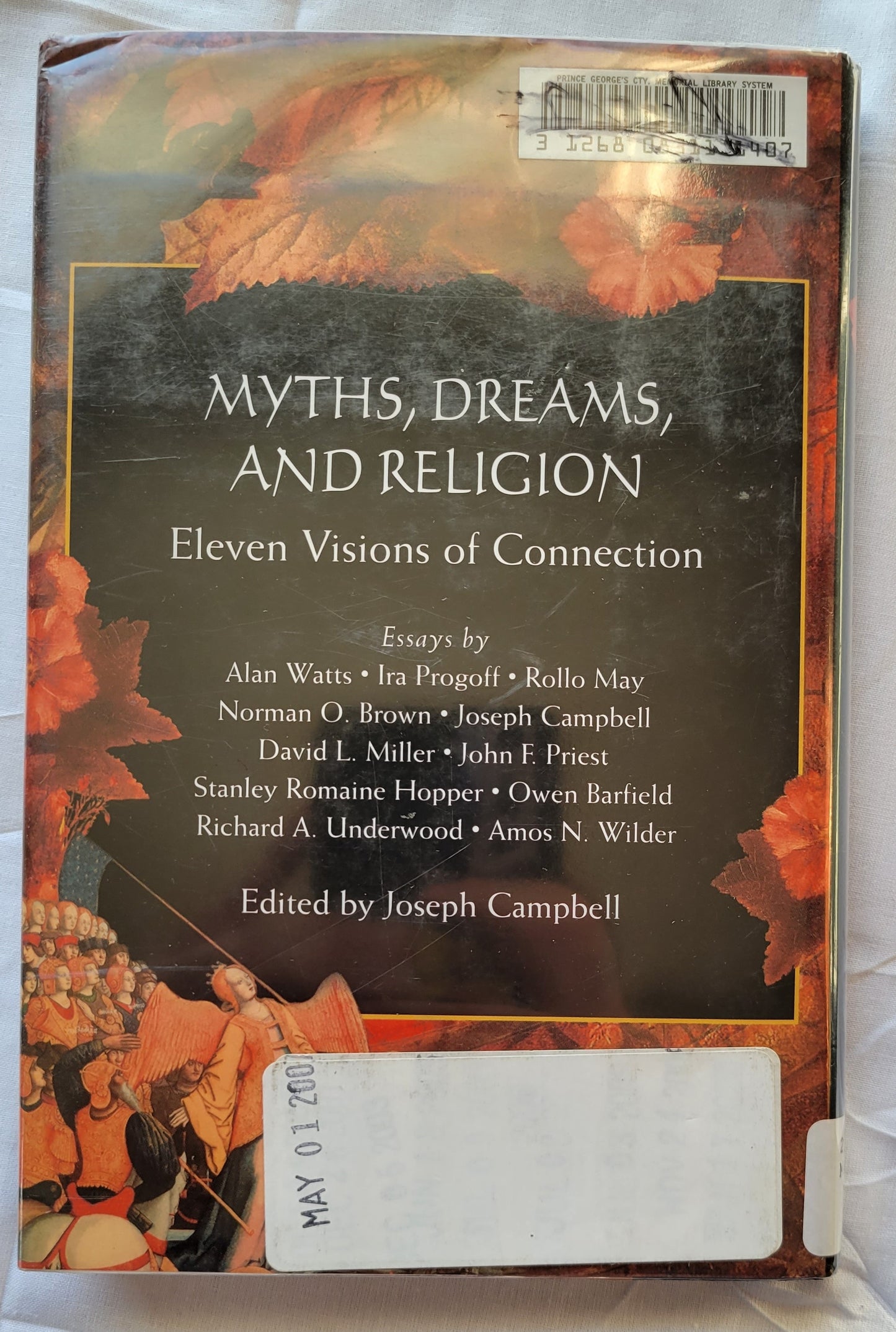 Used book for sale, "Myths, Dreams, and Religion" is a collection of essays by various authors - including Alan Watts, John F. Priest, and more - and is edited by the famous Joseph Campbell. View of back cover.