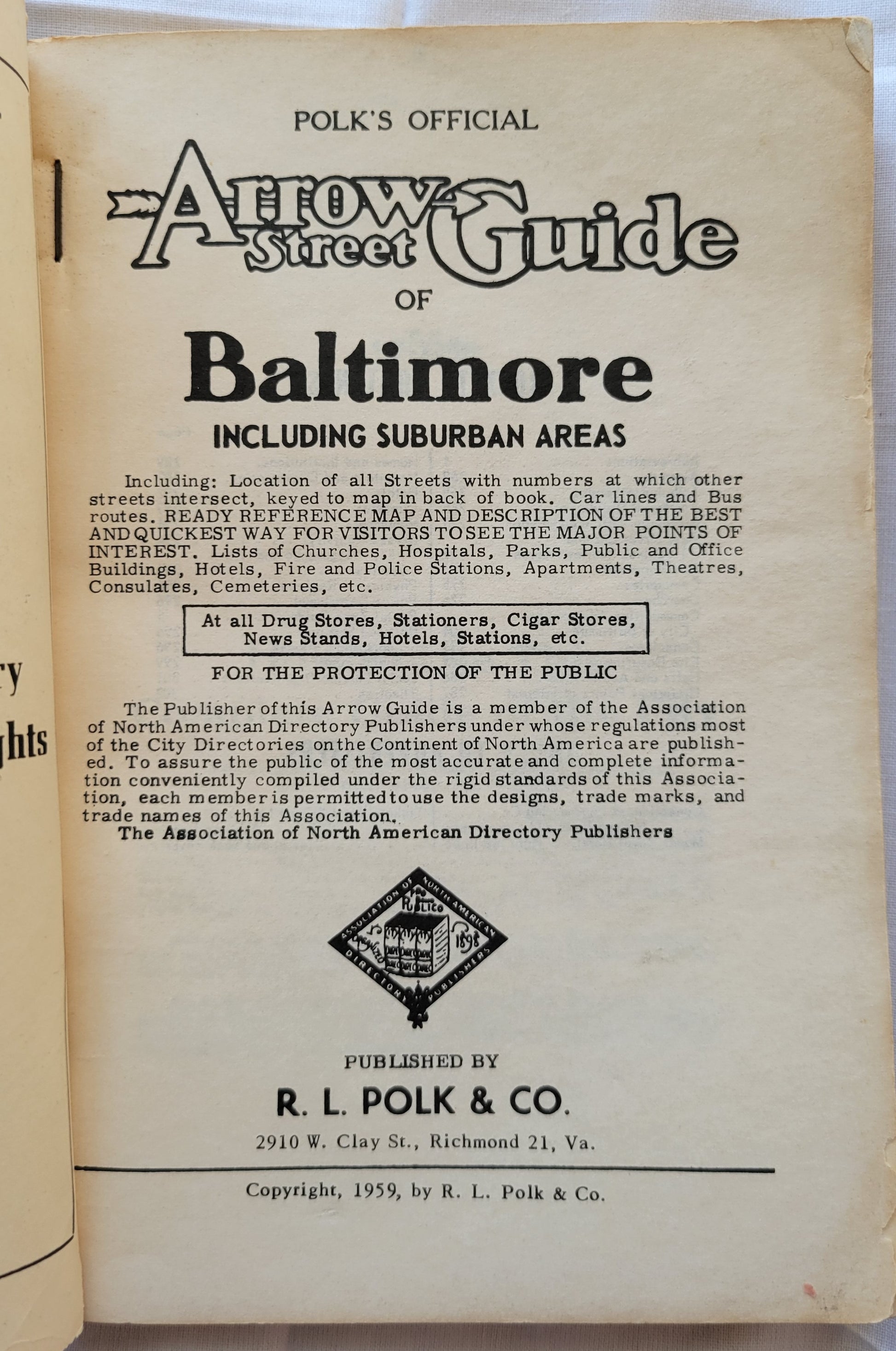 Polk's Official "Arrow Street Guide" is "a complete city guide" to Baltimore, as it was in 1959.  View of inside title page.