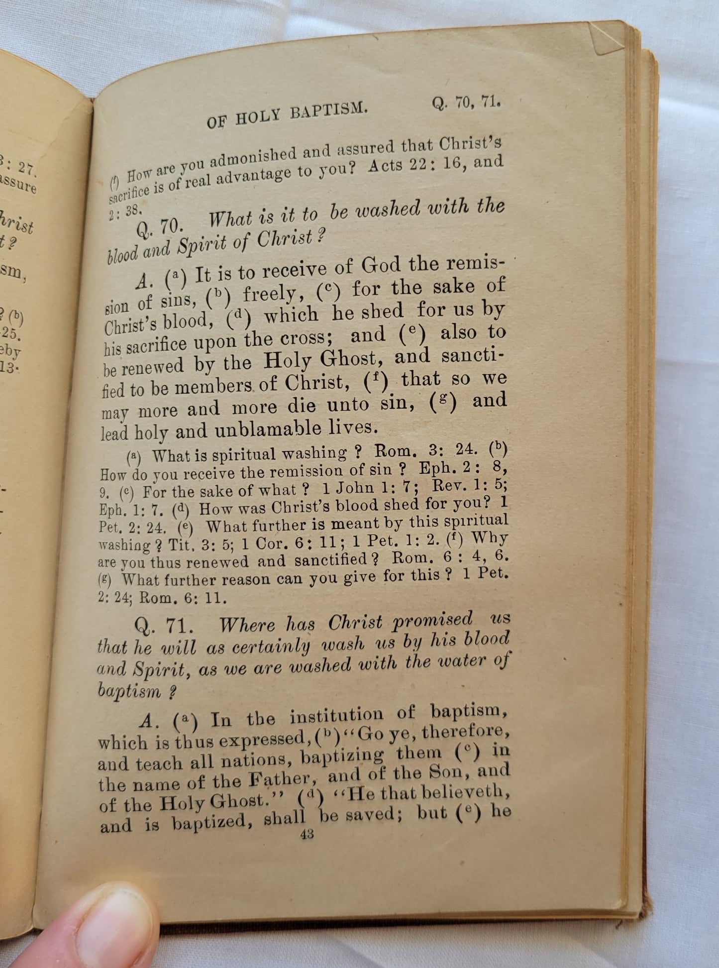 Antique book for sale "The Heidelberg Catechism: With Questions for the Catechetical Class and the Sunday-School by Rec. Aaron Spangler, A.M.", published in 1899 by the Central Publishing House. Page 43