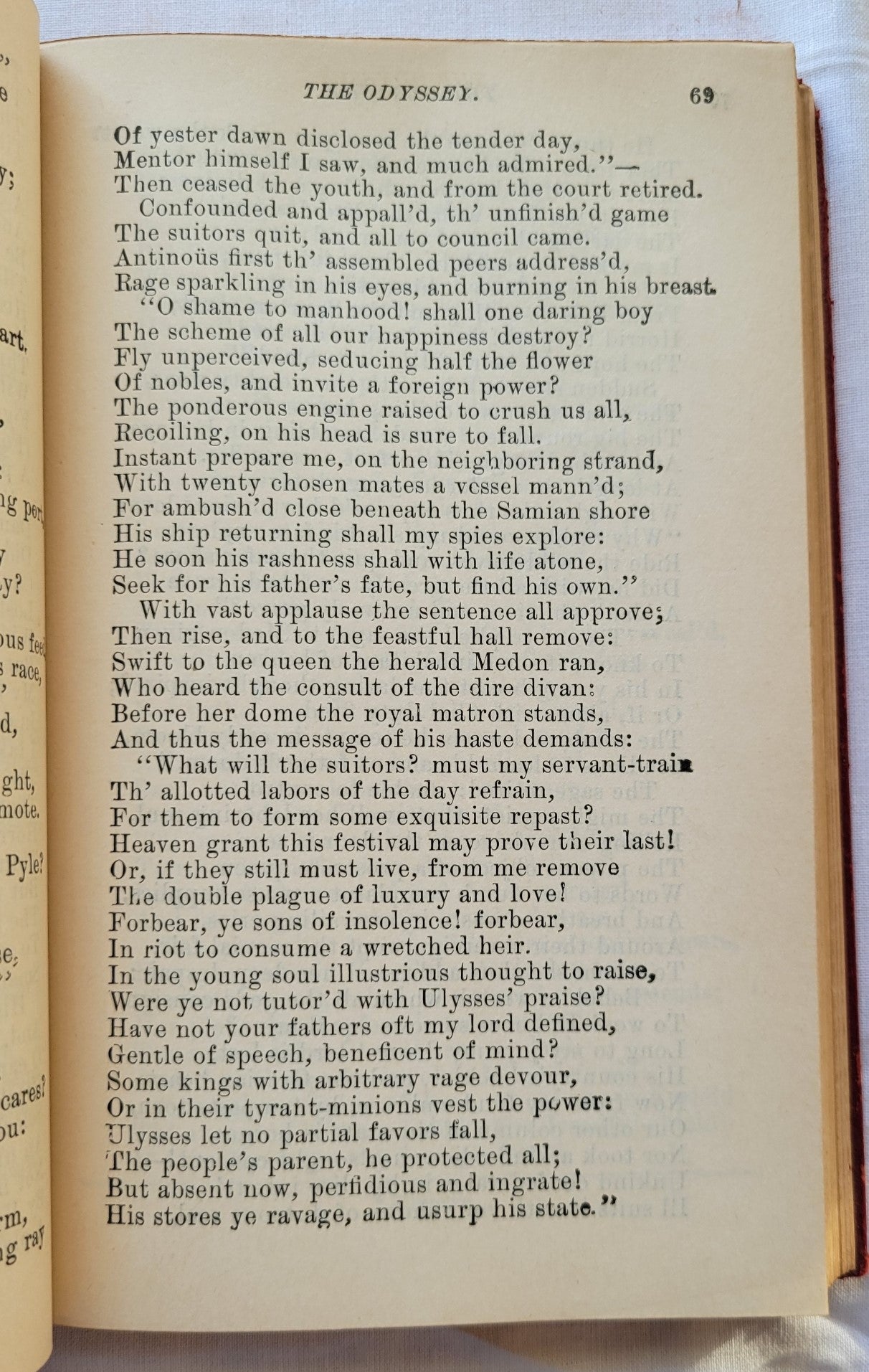 Antique book for sale, Homer's ancient Greek epic, The Odyssey translated by Alexander Pope, published by A. L. Burt Company (before 1932), with notes from Rev. Theodore Alois Buckley M.A. View of page 69.