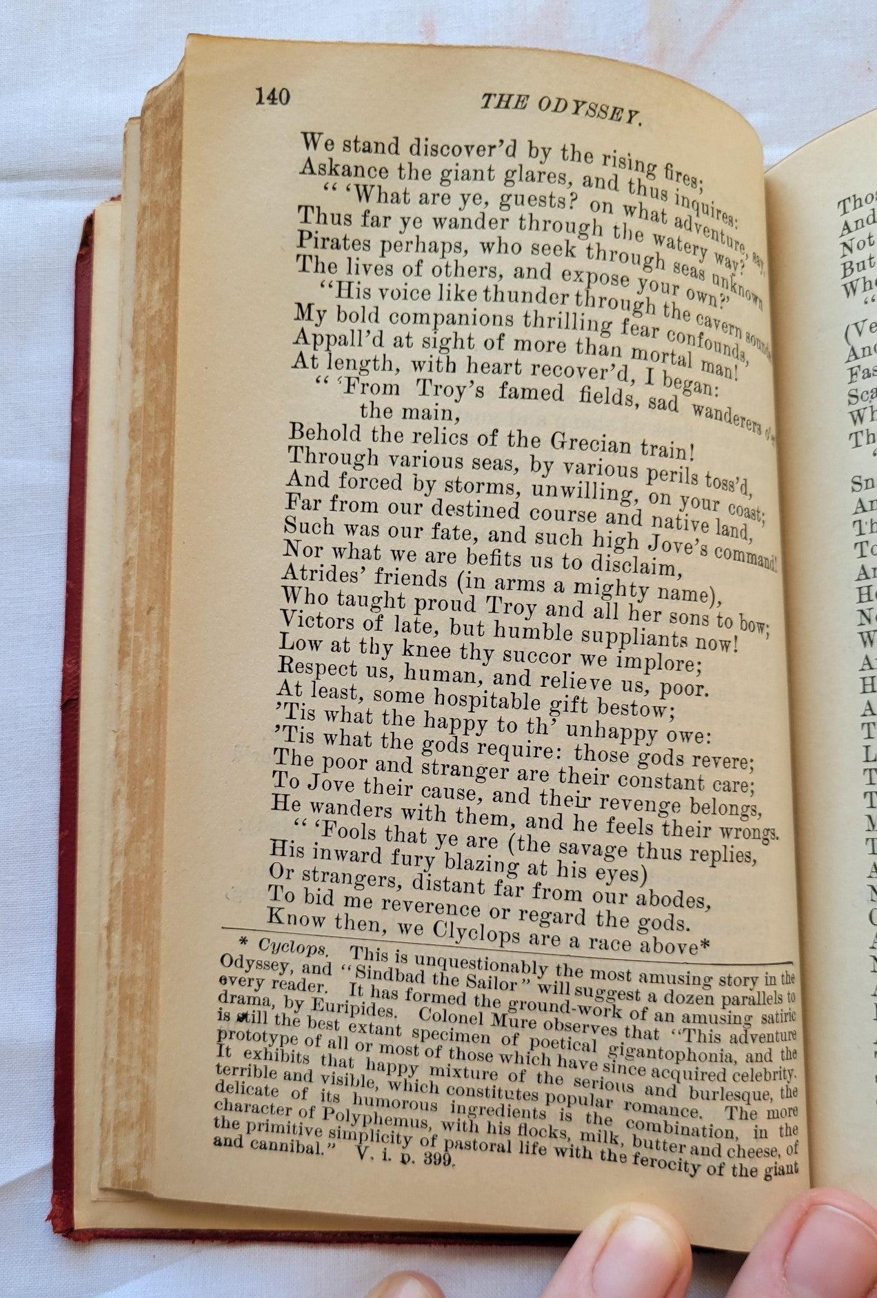Antique book for sale, Homer's ancient Greek epic, The Odyssey translated by Alexander Pope, published by A. L. Burt Company (before 1932), with notes from Rev. Theodore Alois Buckley M.A. View of page 140