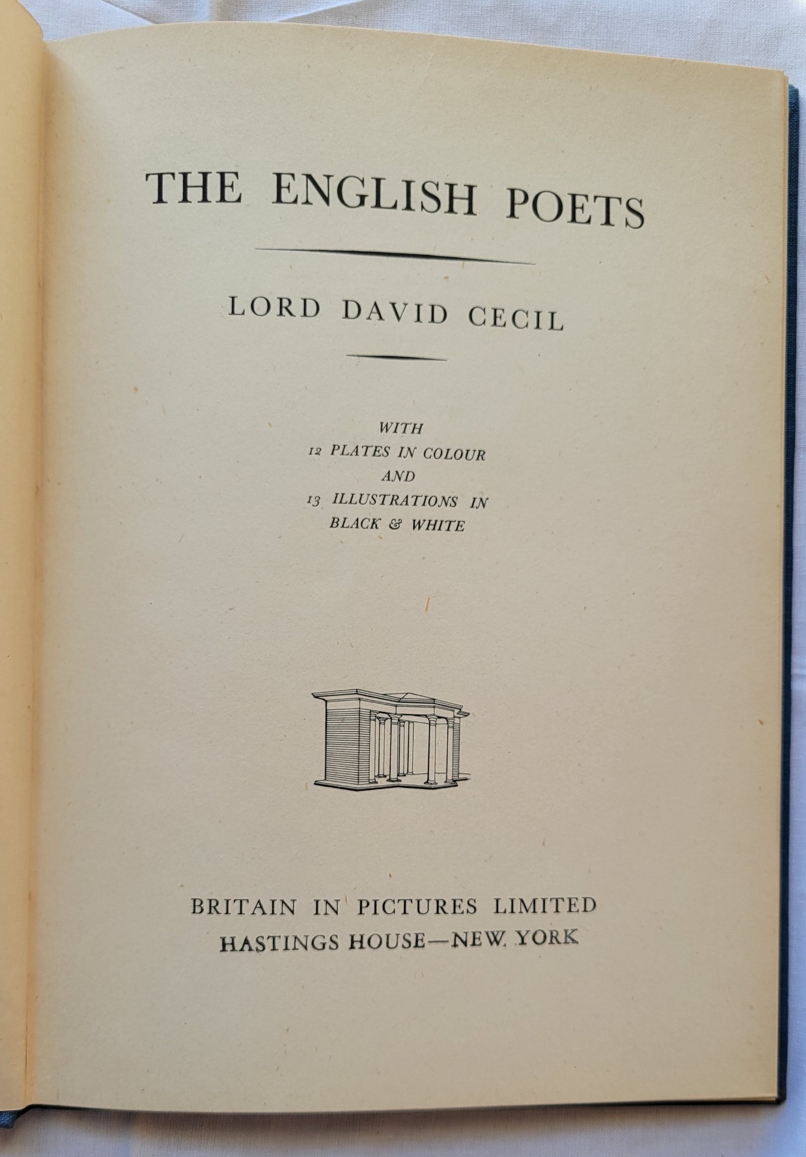 Vintage book for sale "The English Poets" by Lord David Cecil, published by Hastings House, 1940. Title page.