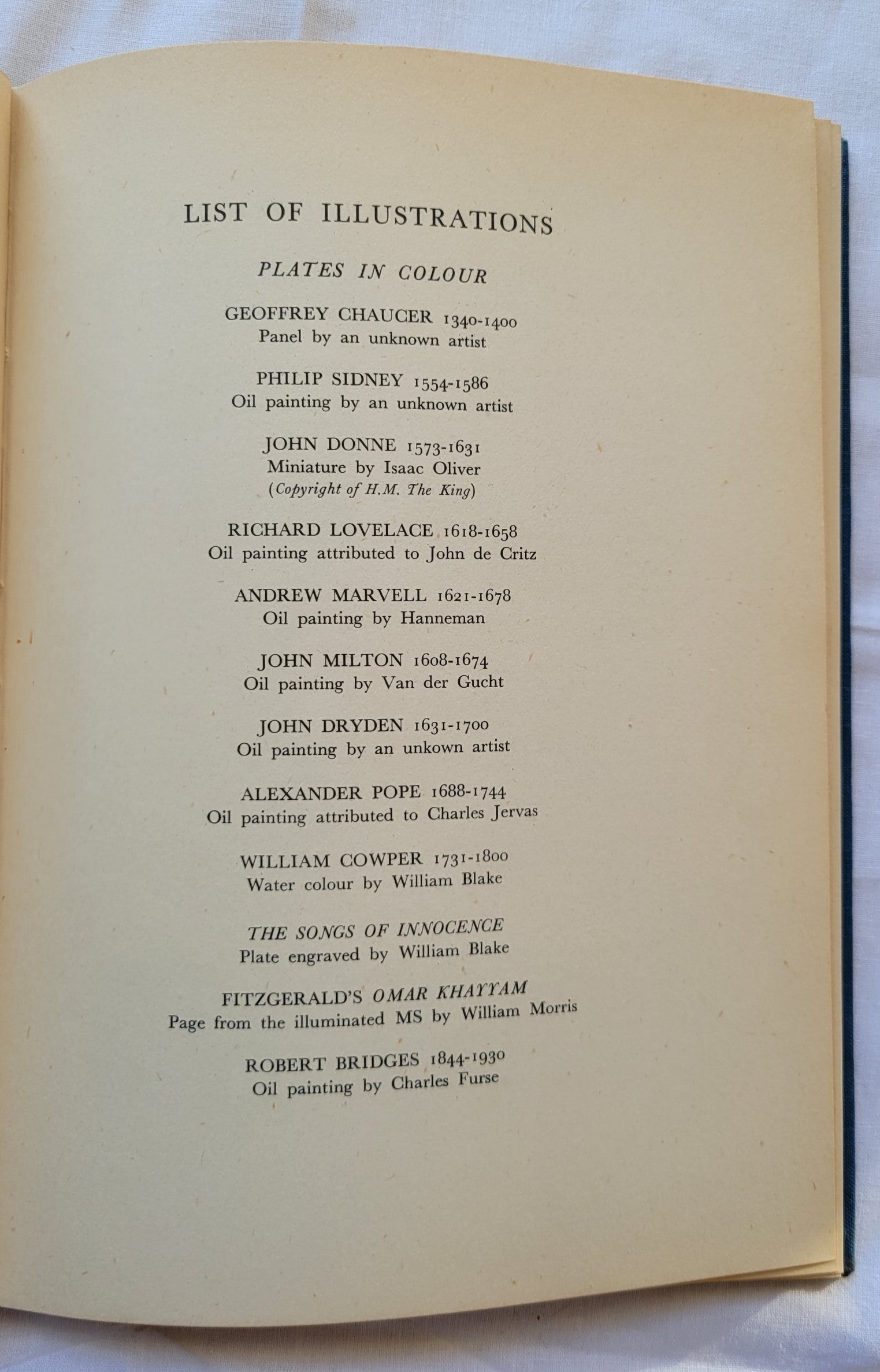 Vintage book for sale "The English Poets" by Lord David Cecil, published by Hastings House, 1940. List of illustrations.