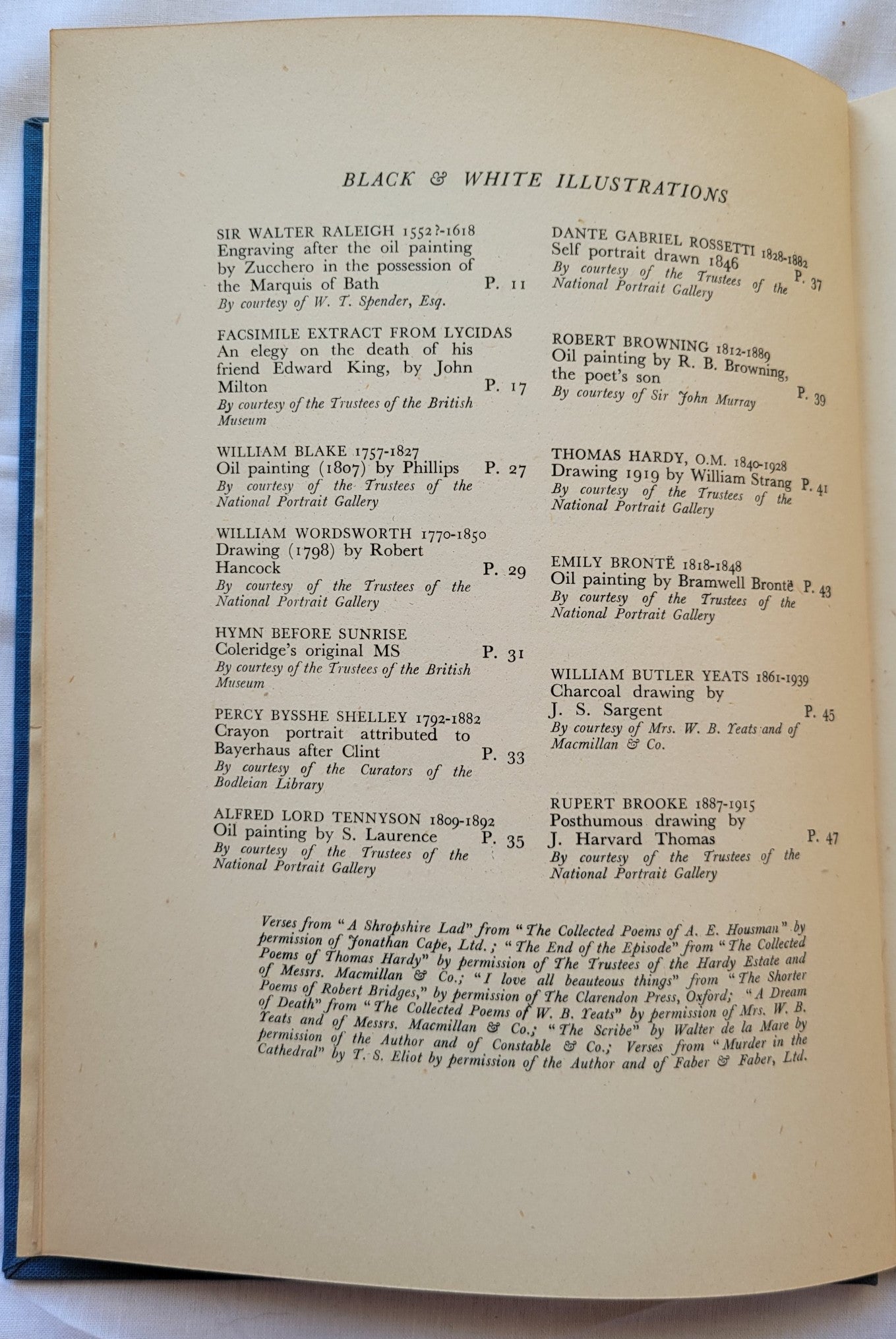 Vintage book for sale "The English Poets" by Lord David Cecil, published by Hastings House, 1940. List of illustrations.