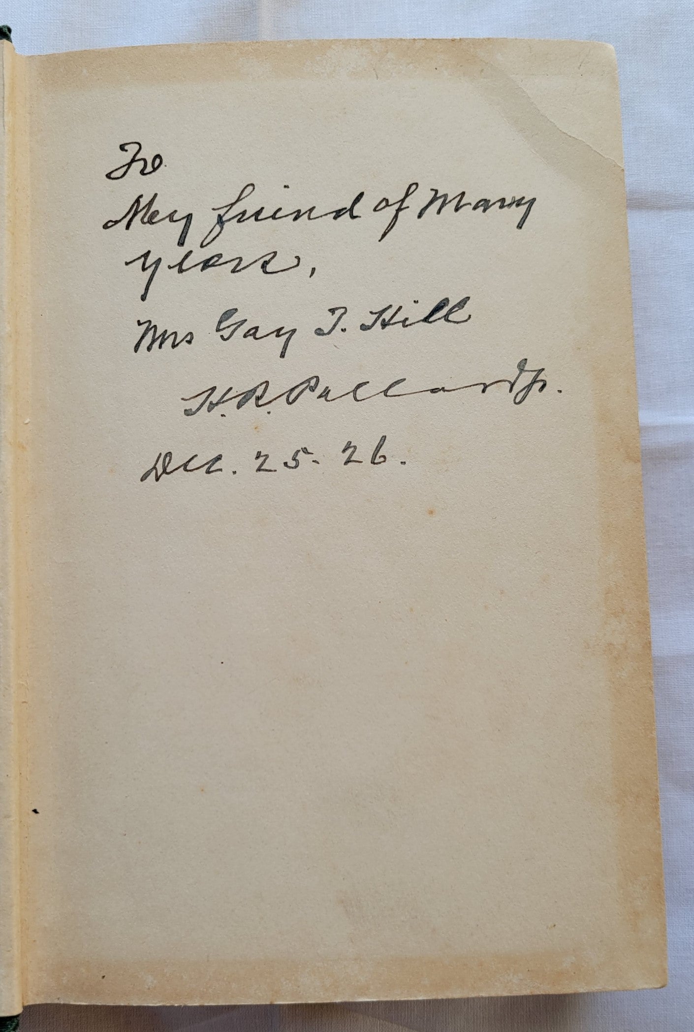 Vintage book for sale, "One Increasing Purpose" by A. S. M. Hutchinson, published by Little, Brown and Company, 1925.  View of page with handwriting.