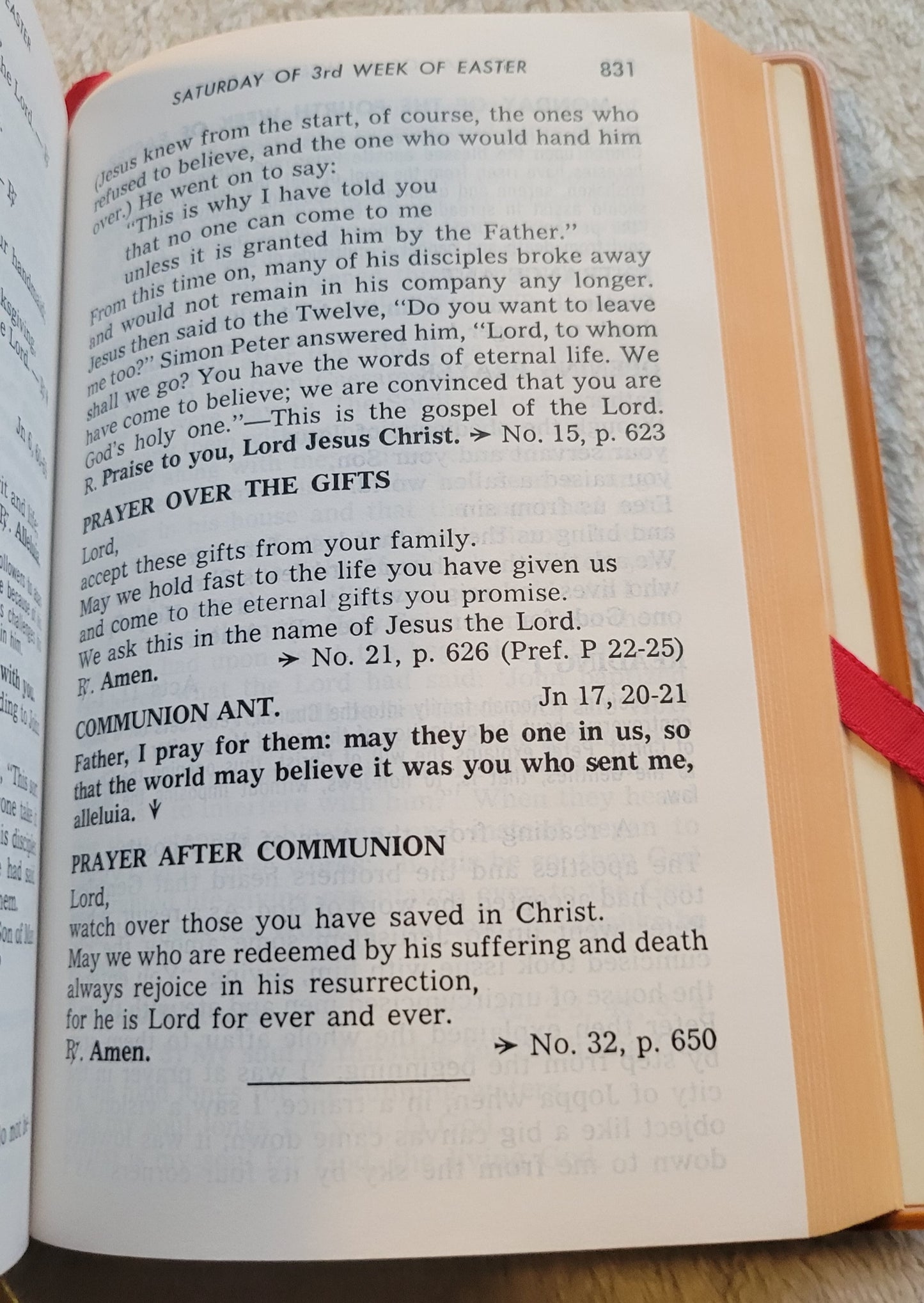 Vintage book for sale, "New....St. Joseph Weekday Missal Vol 1: Advent to Pentecost" Complete Edition, by the Catholic Book Publishing Company, "In accordance with Vatican II". View of page 831.