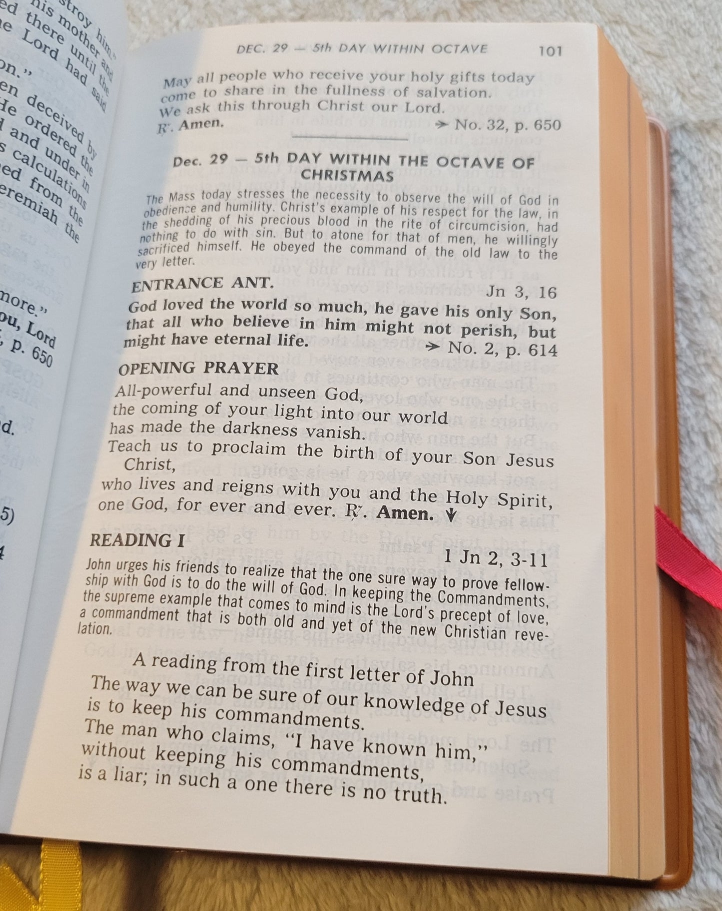 Vintage book for sale, "New....St. Joseph Weekday Missal Vol 1: Advent to Pentecost" Complete Edition, by the Catholic Book Publishing Company, "In accordance with Vatican II". View of page 101.