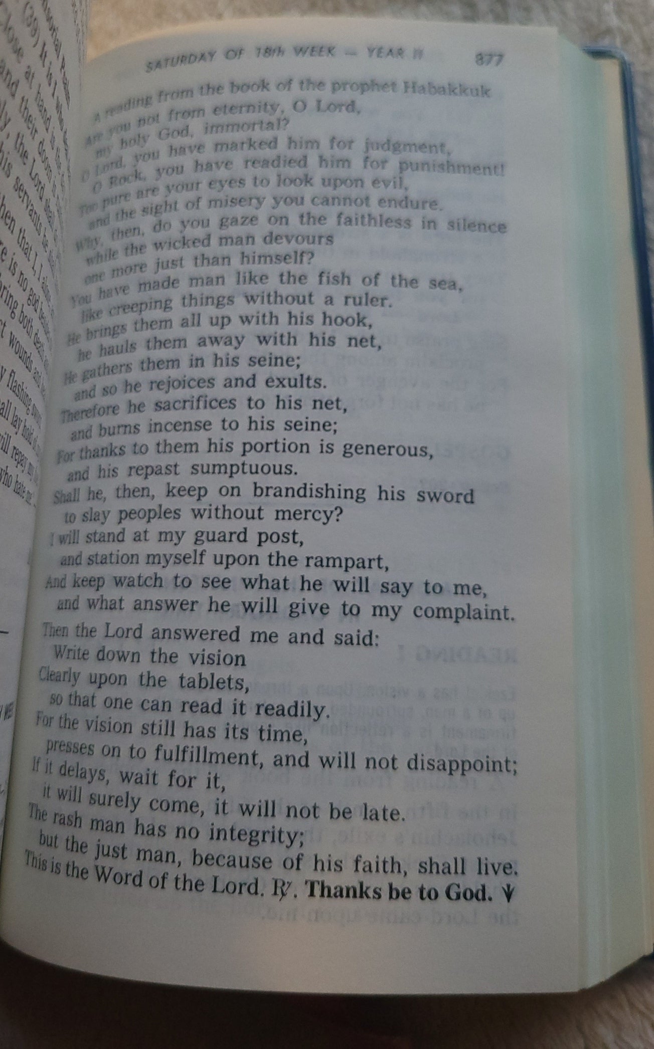Vintage book for sale, "New....St. Joseph Weekday Missal Vol 2: Advent to Pentecost" Complete Edition, by the Catholic Book Publishing Company, "In accordance with Vatican II". View of  page 877