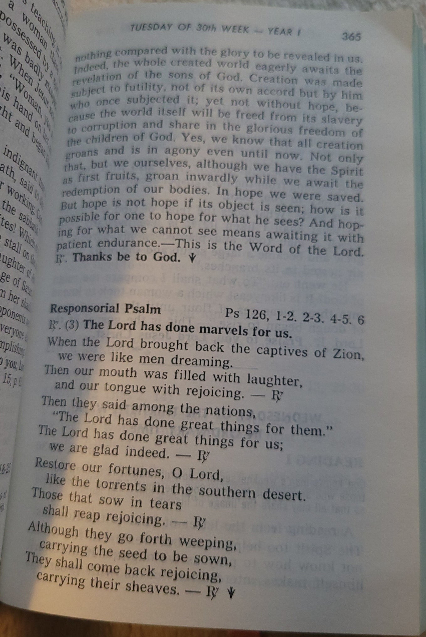 Vintage book for sale, "New....St. Joseph Weekday Missal Vol 2: Advent to Pentecost" Complete Edition, by the Catholic Book Publishing Company, "In accordance with Vatican II". View of page 365