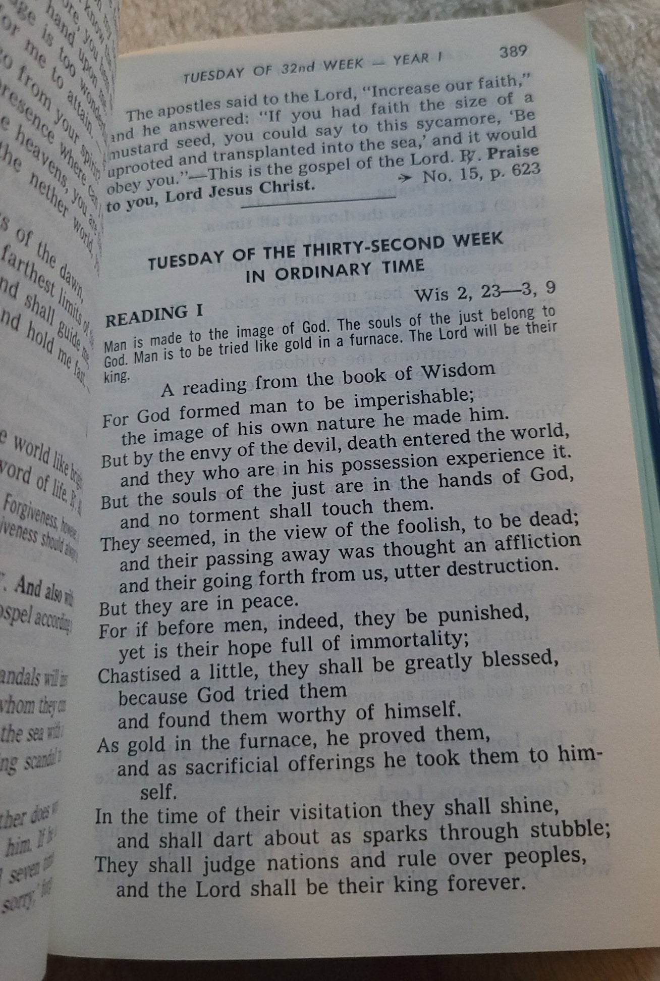 Vintage book for sale, "New....St. Joseph Weekday Missal Vol 2: Advent to Pentecost" Complete Edition, by the Catholic Book Publishing Company, "In accordance with Vatican II". View of page 389