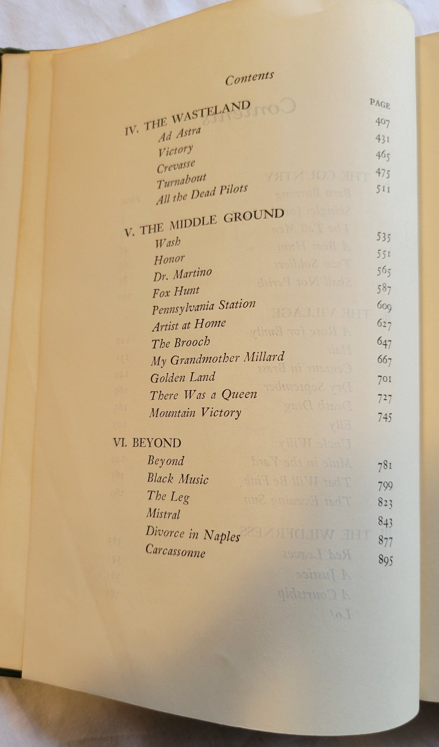 Vintage book. "Collected Stories" by William Faulkner, published by Random House. View of table of contents.