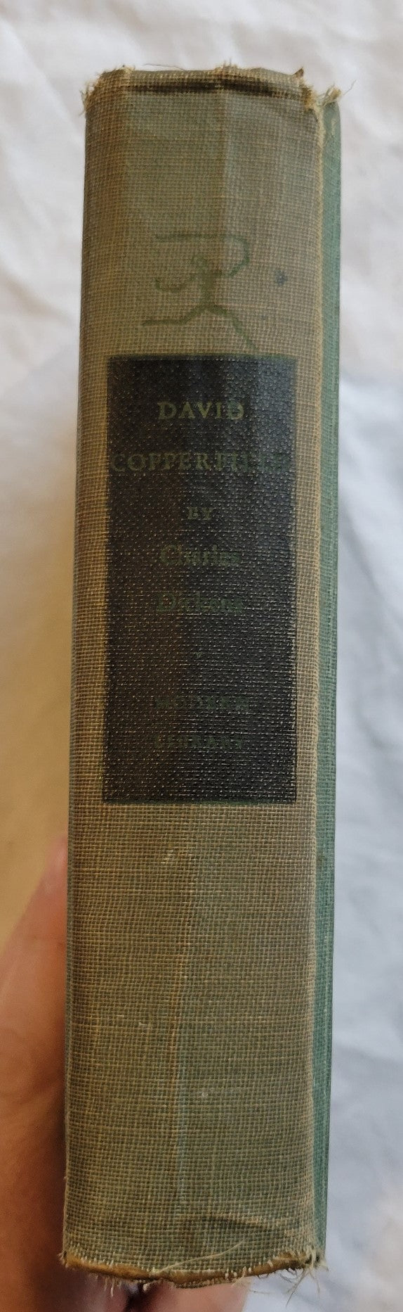 Vintage book "David Copperfield" by Charles Dickens, published by Random House, copyright 1950. View of spine.