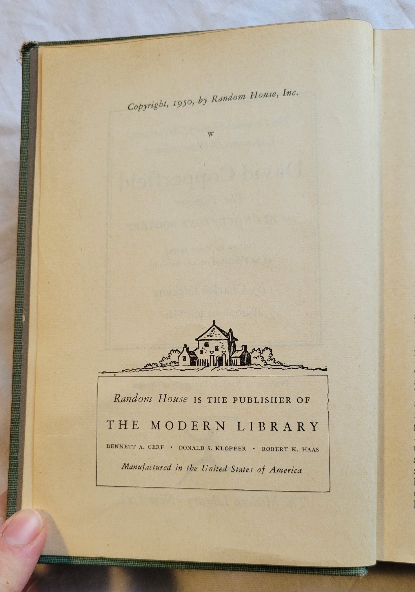 Vintage book "David Copperfield" by Charles Dickens, published by Random House, copyright 1950. View of copyright info