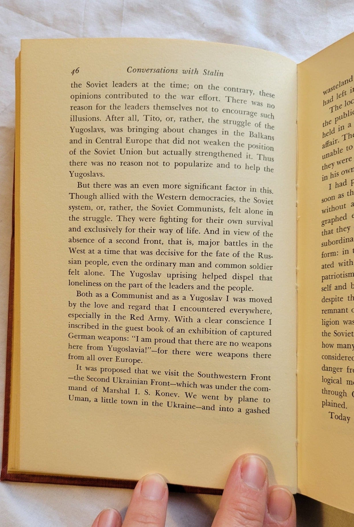 Vintage book "Conversations with Stalin" First Edition by Milovan Djilas, published by Harcourt, Brace, and World, 1962. "A memoir by the former vice president of Yugoslavia describing three visits to Moscow and his encounters there with Stalin. Index. Translated by Michael B. Petrovich. View of page 46.