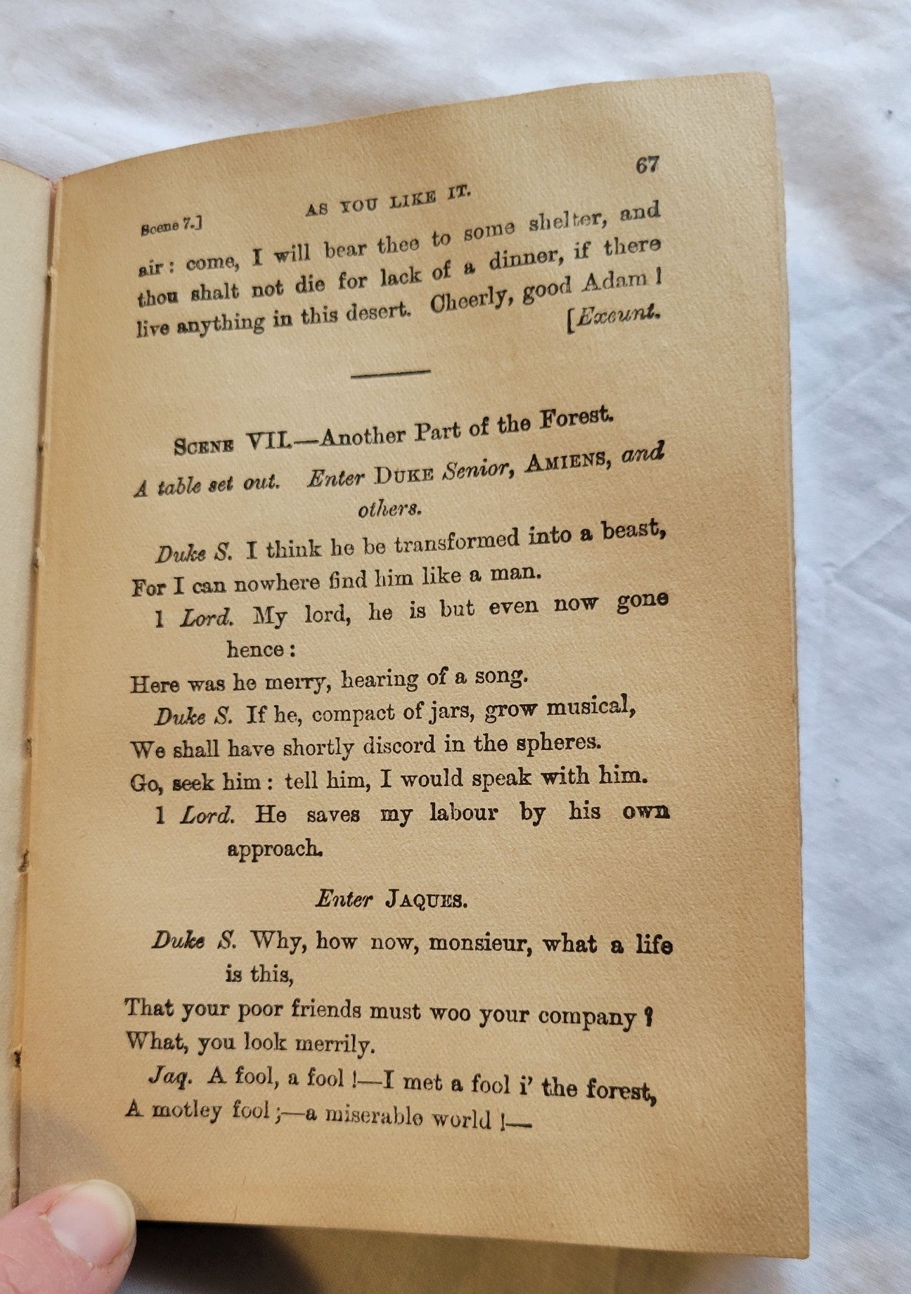 "As You Like It" by William Shakespeare, published by E. A. Lawson Company Publishers, printing date unknown but believed to be around the late 1800s.  View of page 67