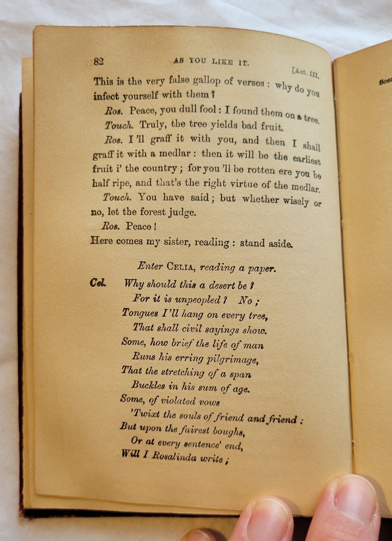 "As You Like It" by William Shakespeare, published by E. A. Lawson Company Publishers, printing date unknown but believed to be around the late 1800s.  View of page 82