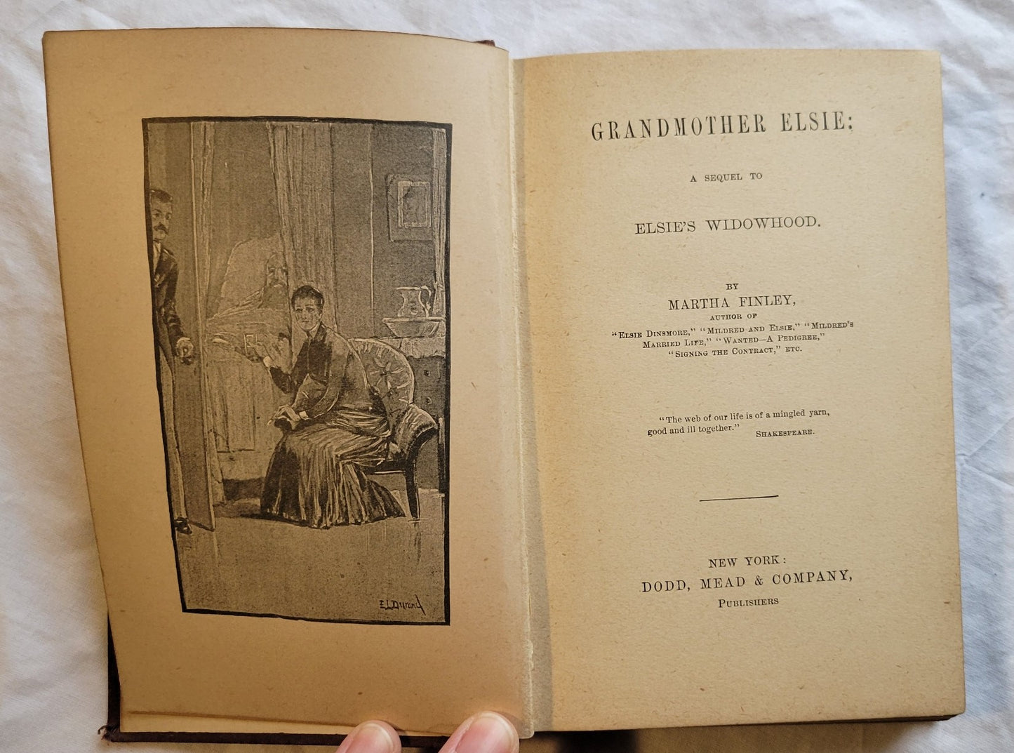 Antique book for sale "Grandmother Elsie" by Martha Finley, published by Dodd, Mead, & Company, copyright 1882.  This is the 8th book in the Elsie Dinsmore series.  View of inside title page.