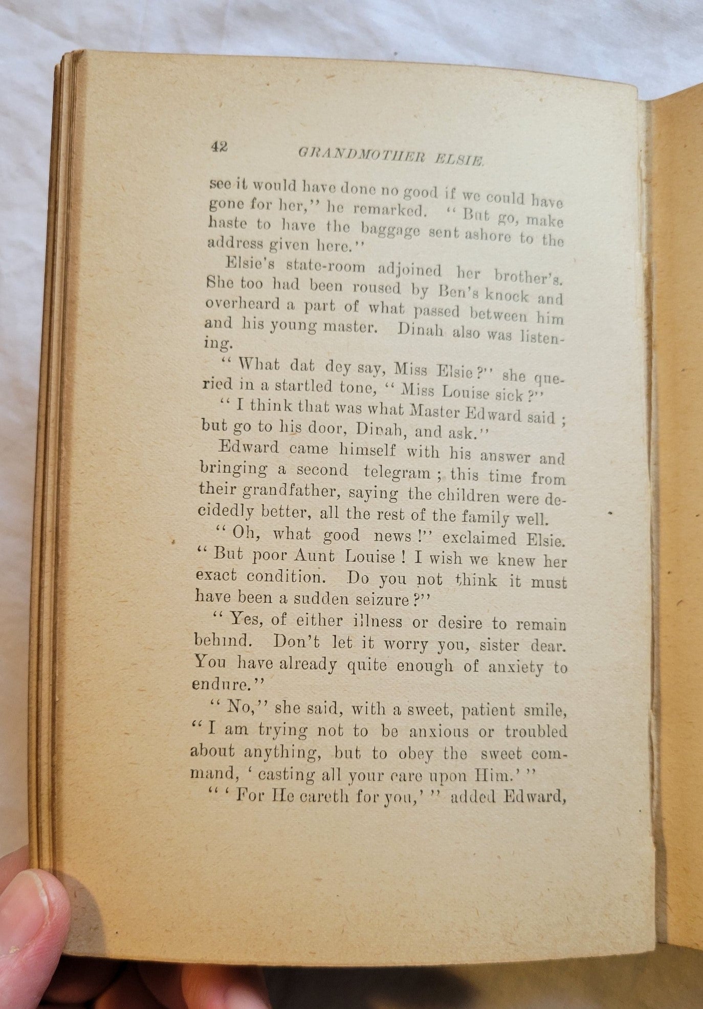 Antique book for sale "Grandmother Elsie" by Martha Finley, published by Dodd, Mead, & Company, copyright 1882.  This is the 8th book in the Elsie Dinsmore series.  View of page 42.