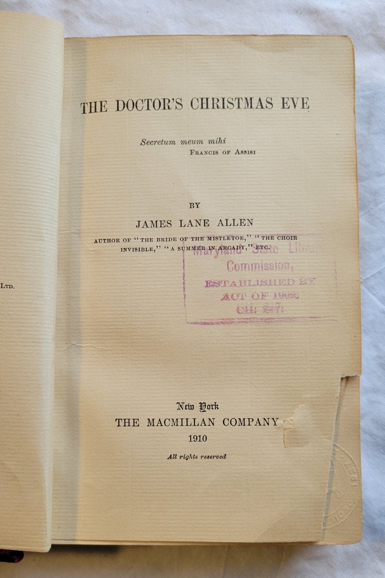  Antique book for sale "The Doctor's Christmas Eve" by James Lane Allen, published by The Macmillan Company, 1910. Title page.