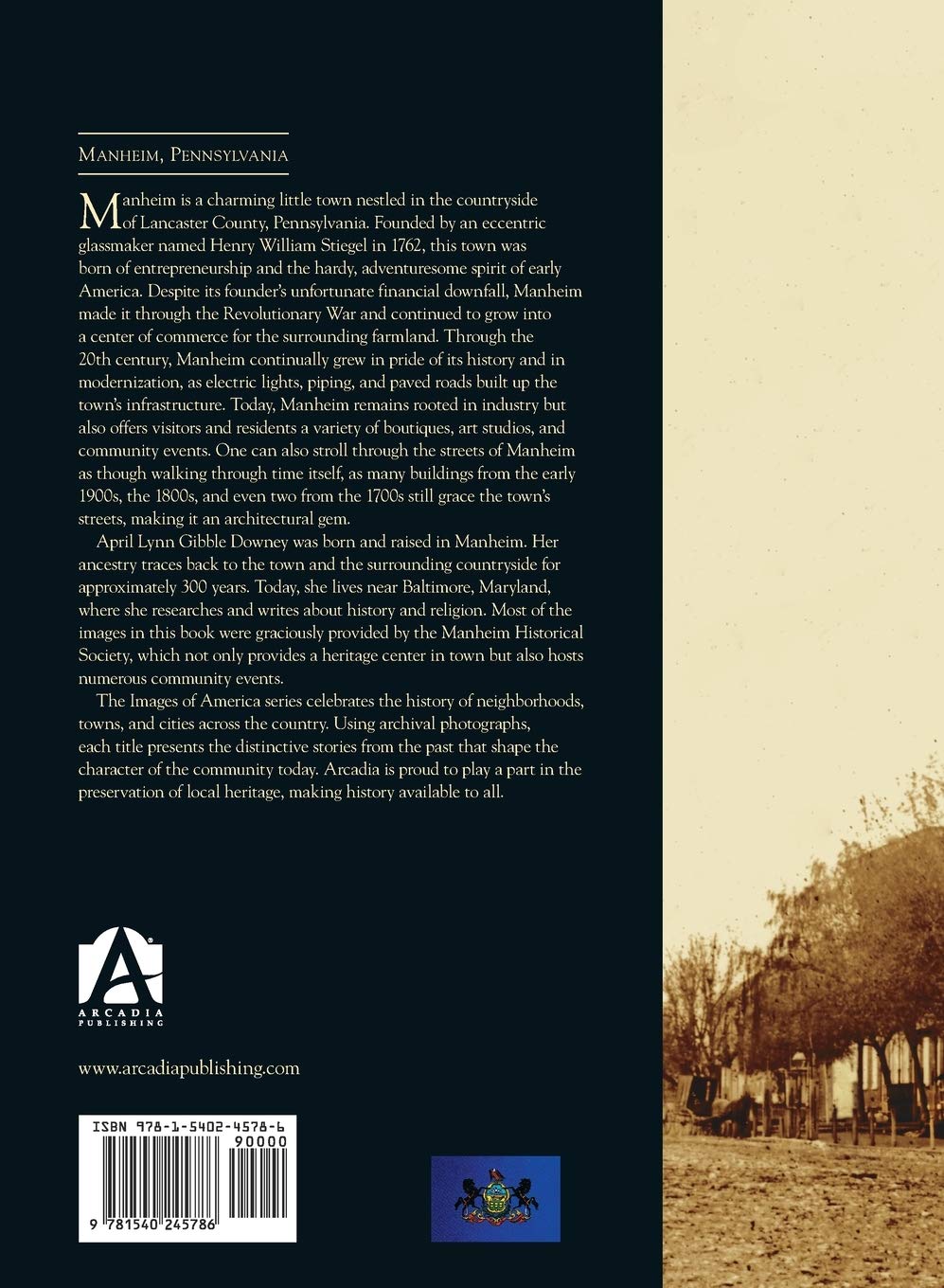 New book for sale, "Images of America: Manheim" by April Lynn Downey, published by Arcadia Publishing, a history of Manheim, Pennsylvania, a pre-revolution town. View of back cover.