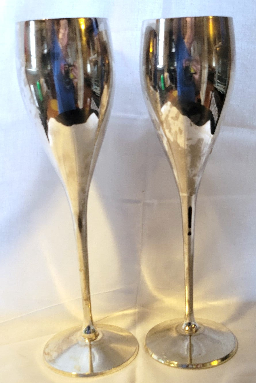 Vintage set of two International Silver Company silverplated glasses, handmade goblets from India, made in the 1980s. Back view.
