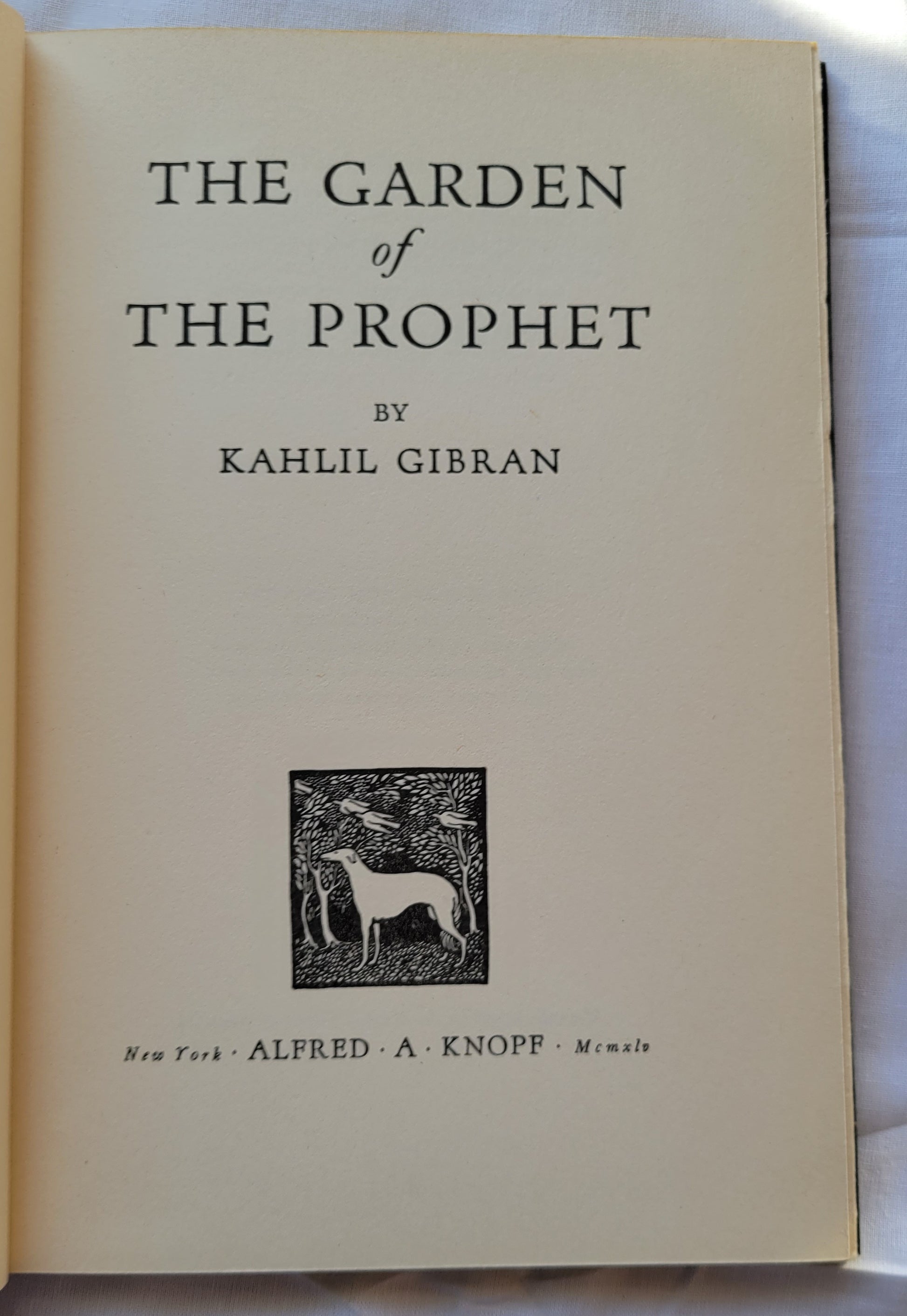 Vintage book for sale “The Garden of the Prophet” by Kahlil Gibran, published by Alfred A. Knoff. Title page.