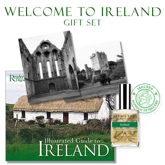 Fáilte! Ireland Gift Set with used book, Demeter fragrance, and black and white photography of the Rock of Cashel and Blarney Castle.