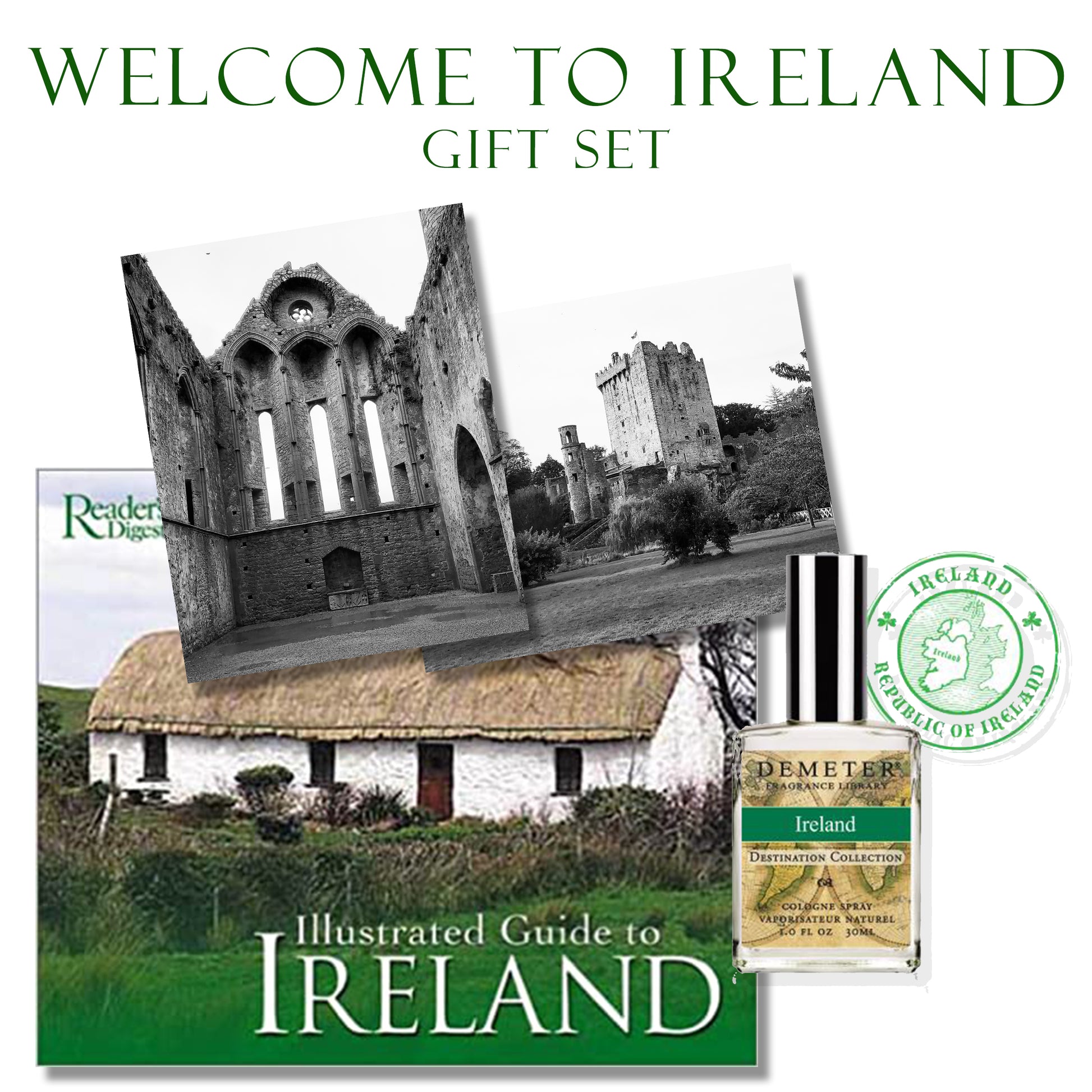 Fáilte! Ireland Gift Set with used book, Demeter fragrance, and black and white photography of the Rock of Cashel and Blarney Castle.