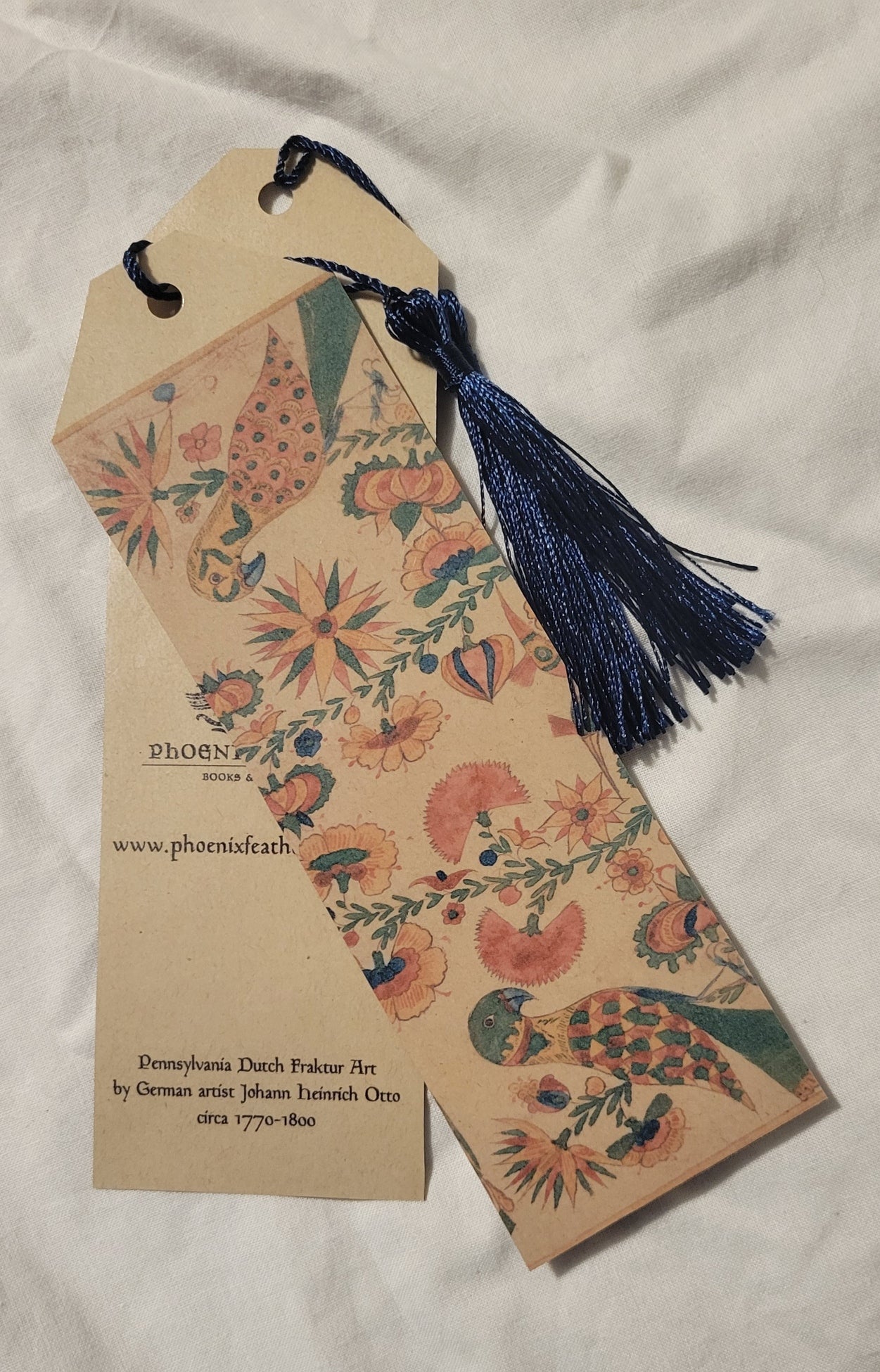 Handmade by Phoenix Feather Books & Curios, laminated bookmark, decorated with vintage Pennsylvania Dutch folk art, called fraktur.  Great gift for book lovers and history lovers.
