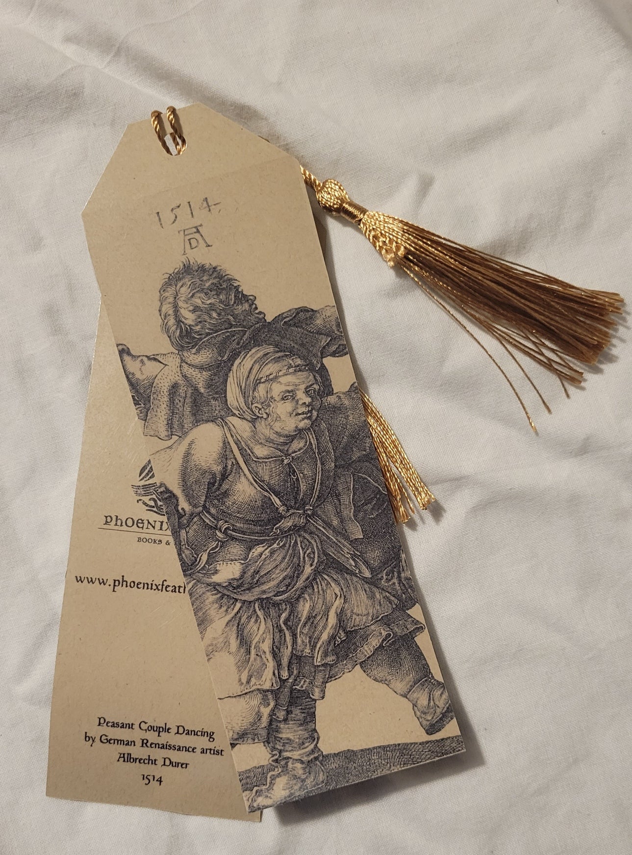 Handmade by Phoenix Feather Books & Curios, laminated bookmark, decorated with German Renaissance artist Albrecht Durer's Peasant Dancing Couple engraving from 1514.  Size: 2.25" x 7"