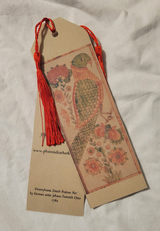 Handmade by Phoenix Feather Books & Curios, laminated bookmark, decorated with vintage bird in the style of Pennsylvania Dutch folk art, called fraktur. Great gift for history lovers and book lovers