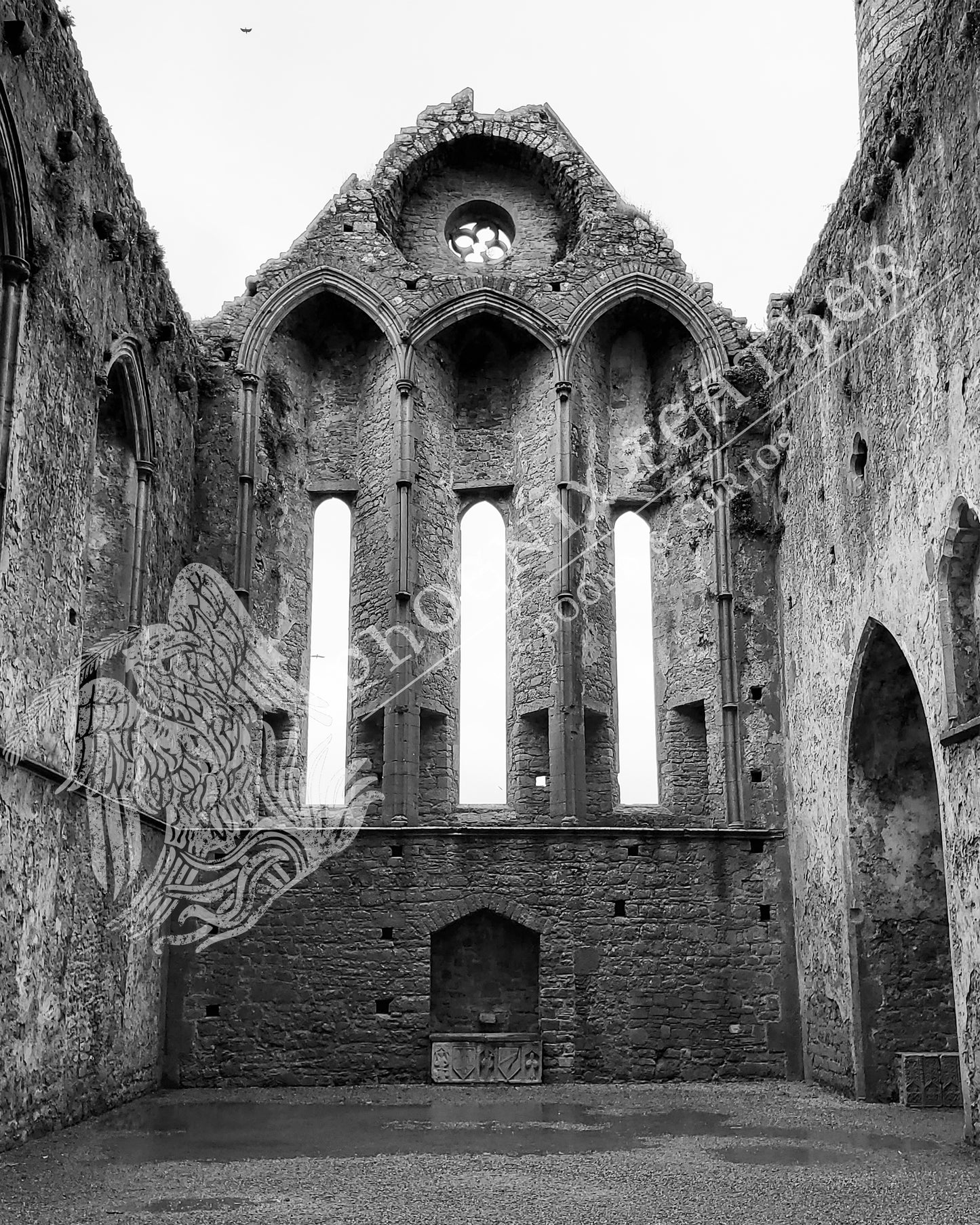 Travel photography. Gifts for history lovers and travelers. Black and white photograph of the Rock of Cashel in Ireland.