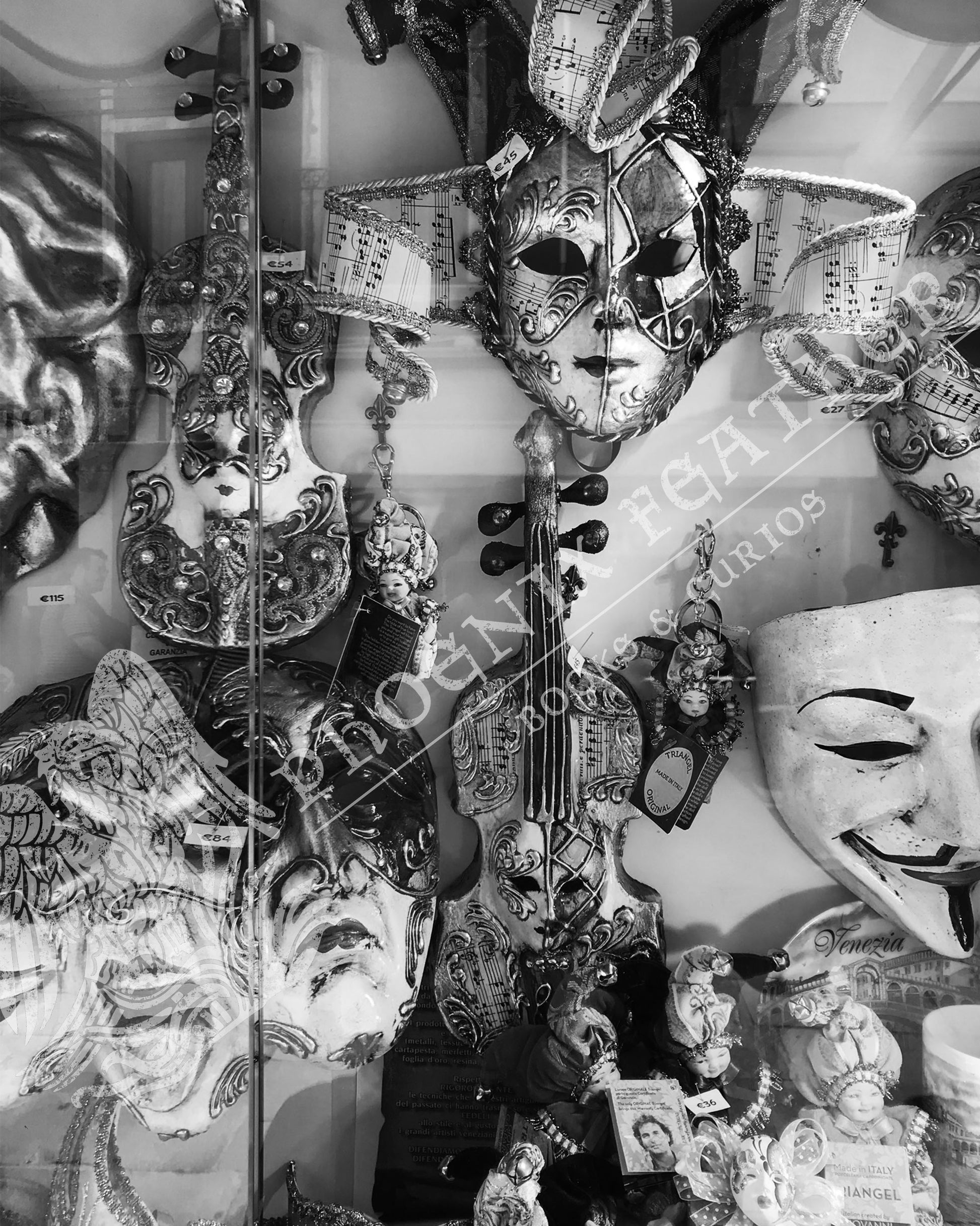 Travel photography. Gifts for history lovers and travelers. Black and white photograph of a Venetian carnival masks..