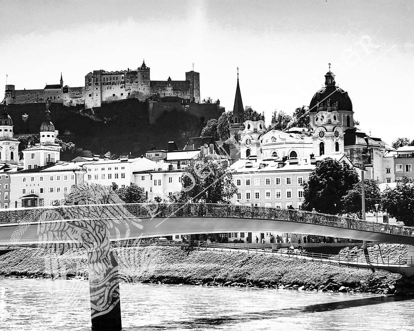 Travel photography. Gifts for history lovers and travelers. Black and white photograph of Salzburg Austria with castle in background.