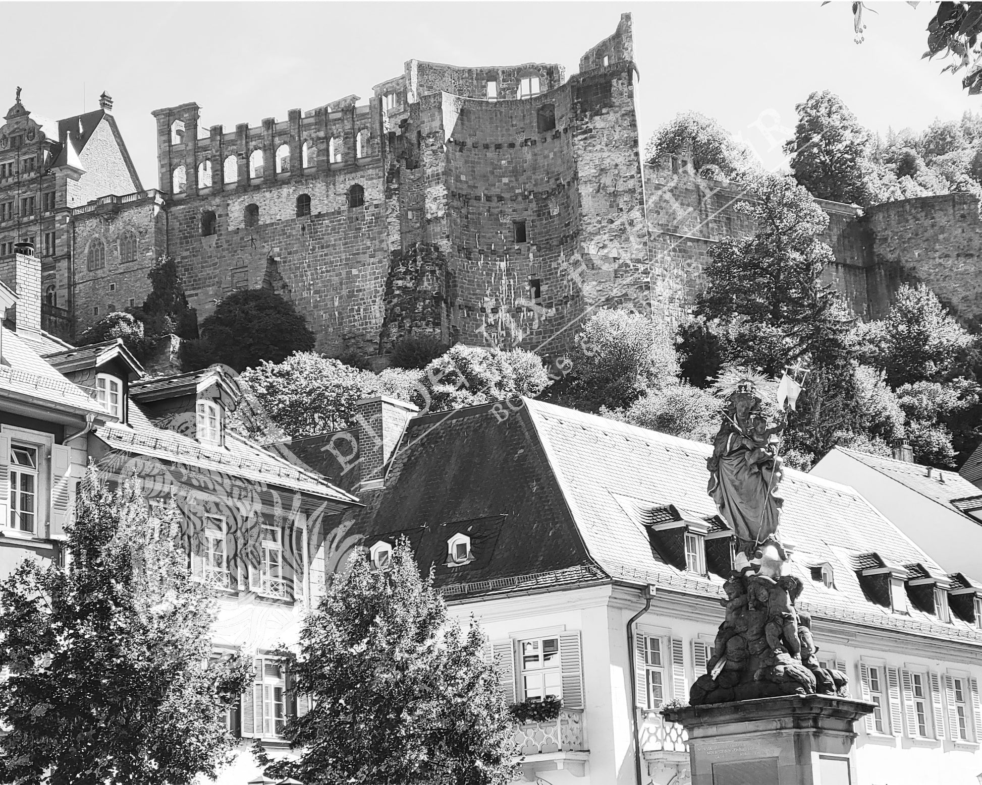 Travel photography. Gifts for history lovers and travelers. A dramatic black and white travel photograph from the Kornmarkt square in Heidelberg, Germany, looking up at the Heidelberg Palace (Schloss Heidelberg).