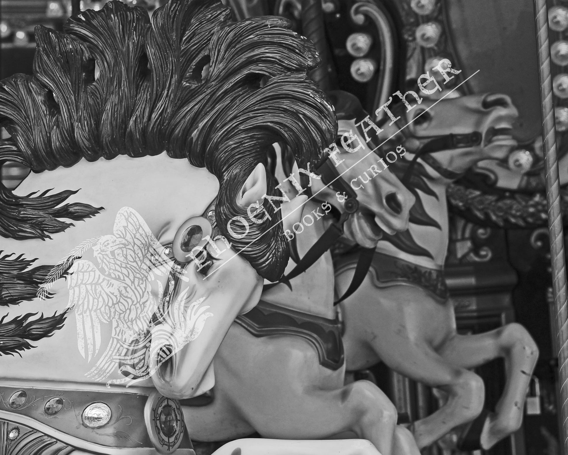 Travel photography. Gifts for history lovers and travelers. Black and white photograph of carousal merry-go-round